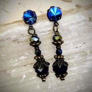 Victorian Rustic Dark Blue Mettalic Crystal & Glass  In Brass Earrings